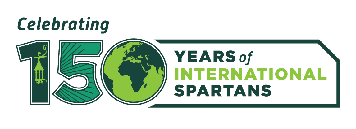 Banner graphic reading Celebrating 150 Years of International Spartans, integrating an MSU lantern icon and globe featuring a view on Africa and Europe