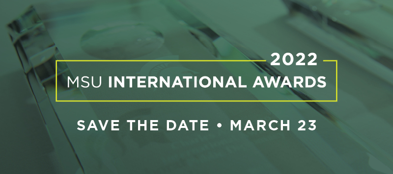 Vibrant green banner with the words 2022 International Awards Ceremony, Save the Date, March 23
