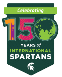 colorful badge reading Celebrating 150 years of international spartans, integrating a Beaumont Tower icon and a globe view centered on Asia and Oceania