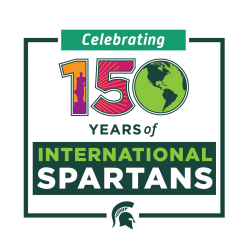 colorful block artwork reading Celebrating 150 years of international spartans, integrating a Spartan Statue icon and a globe view centered on the Americas